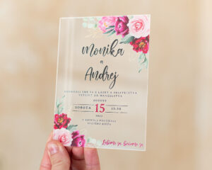 akrylové svadobné oznámenie s kvetmi