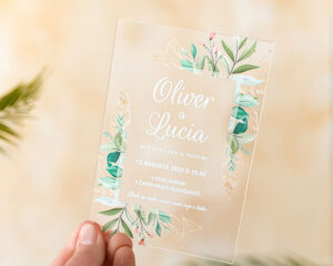 akrylové svadobné oznámenie s lístkami