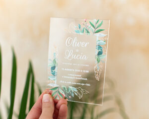 akrylové svadobné oznámenie s lístkami