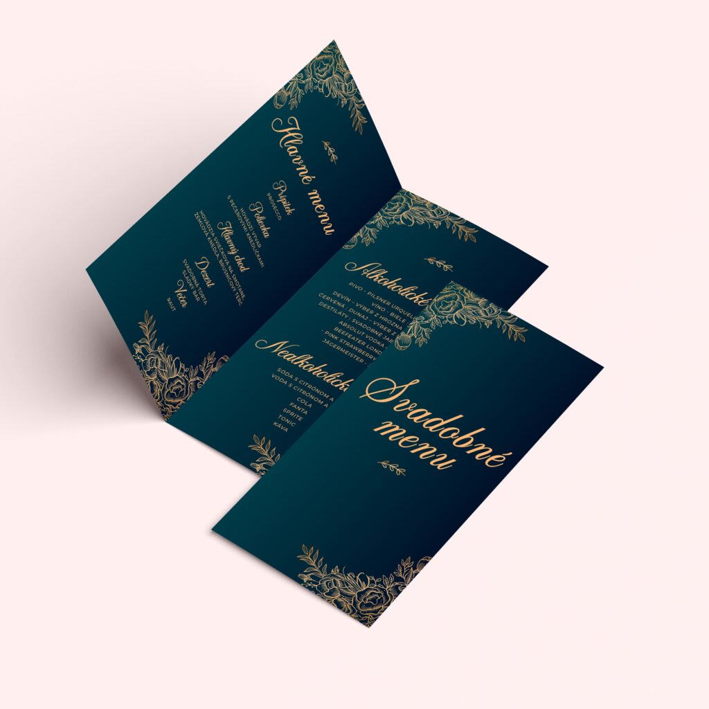 Svadobné menu tmavozelené so zlatým písmom