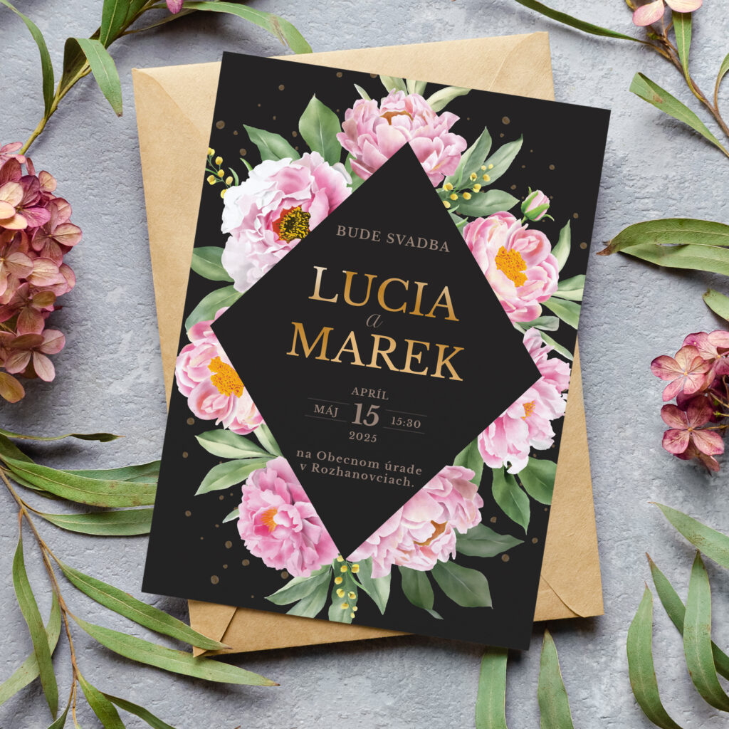 Svadobné oznámenie s pivonkami dark