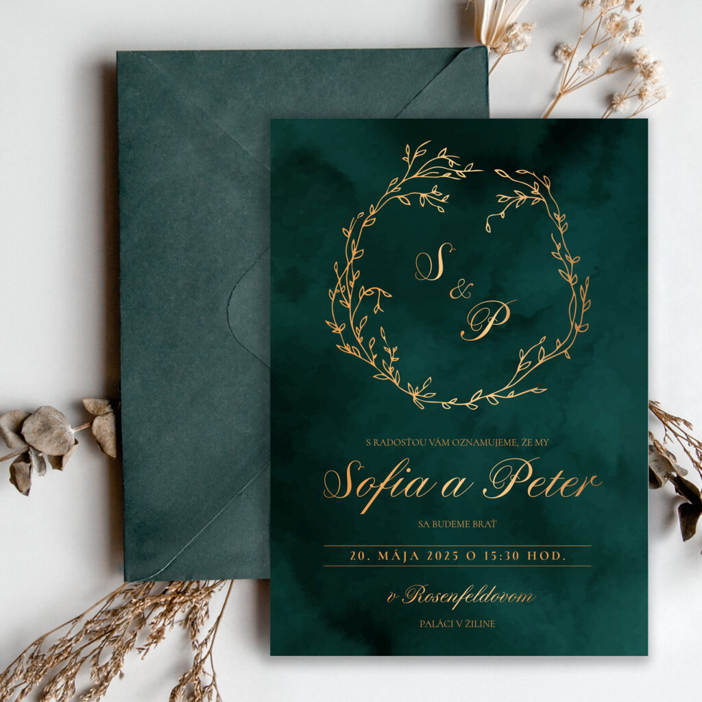 Luxusné svadobné oznámenie zeleno-zlaté LSO2025-12