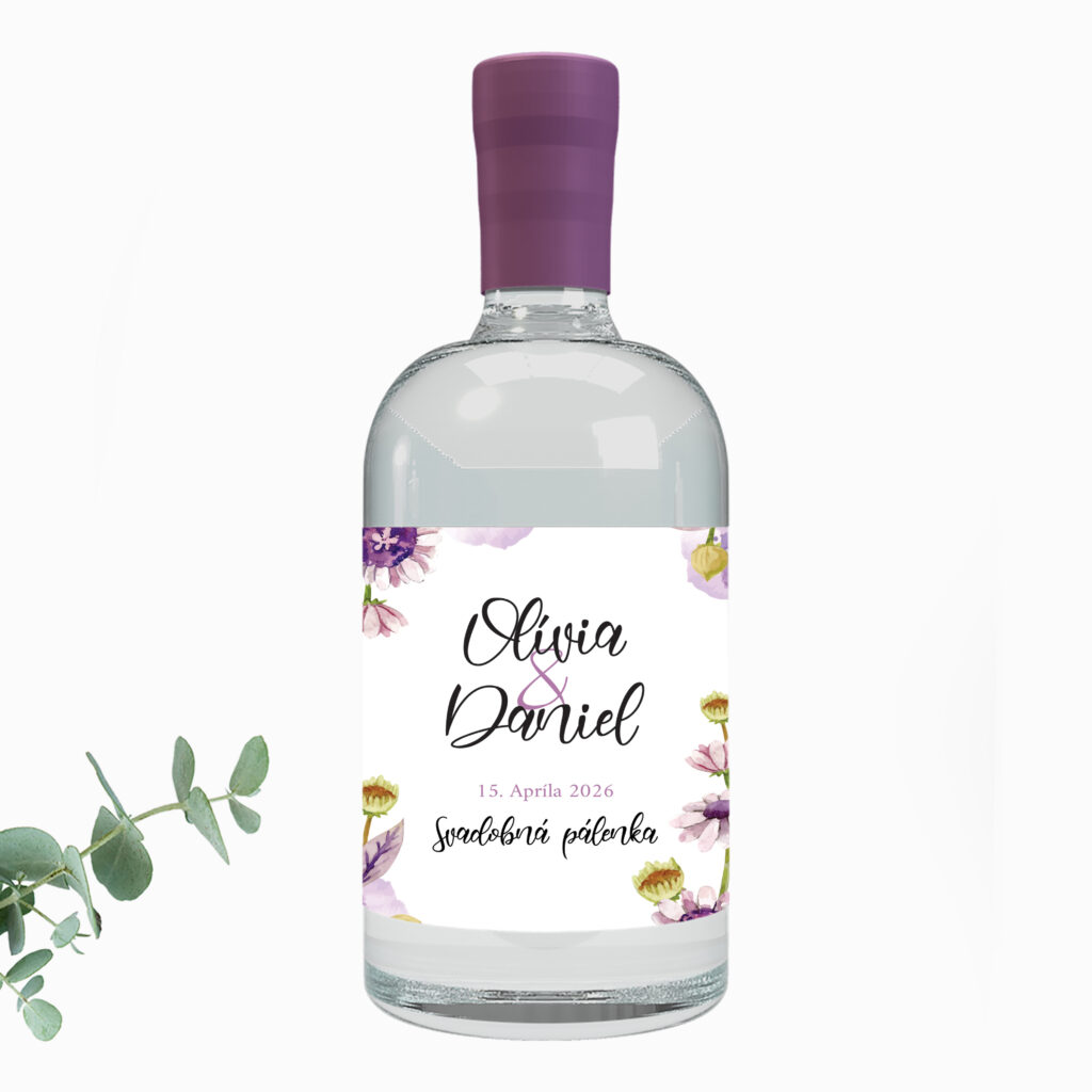 Etiketa na svadobnú pálenku s fialovými kvetmi MOD2025_9