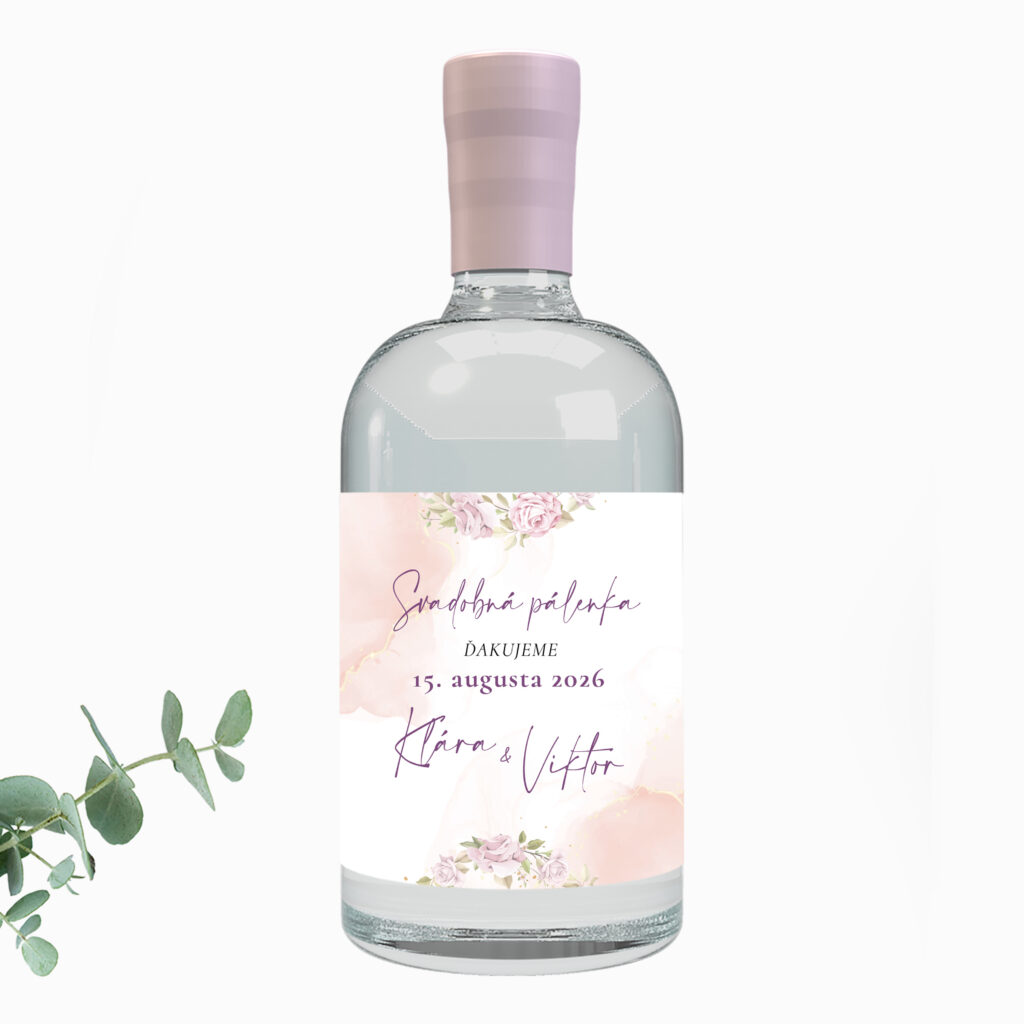 Etiketa na svadobnú pálenku s ružami a akvarelom LSO2025 0417