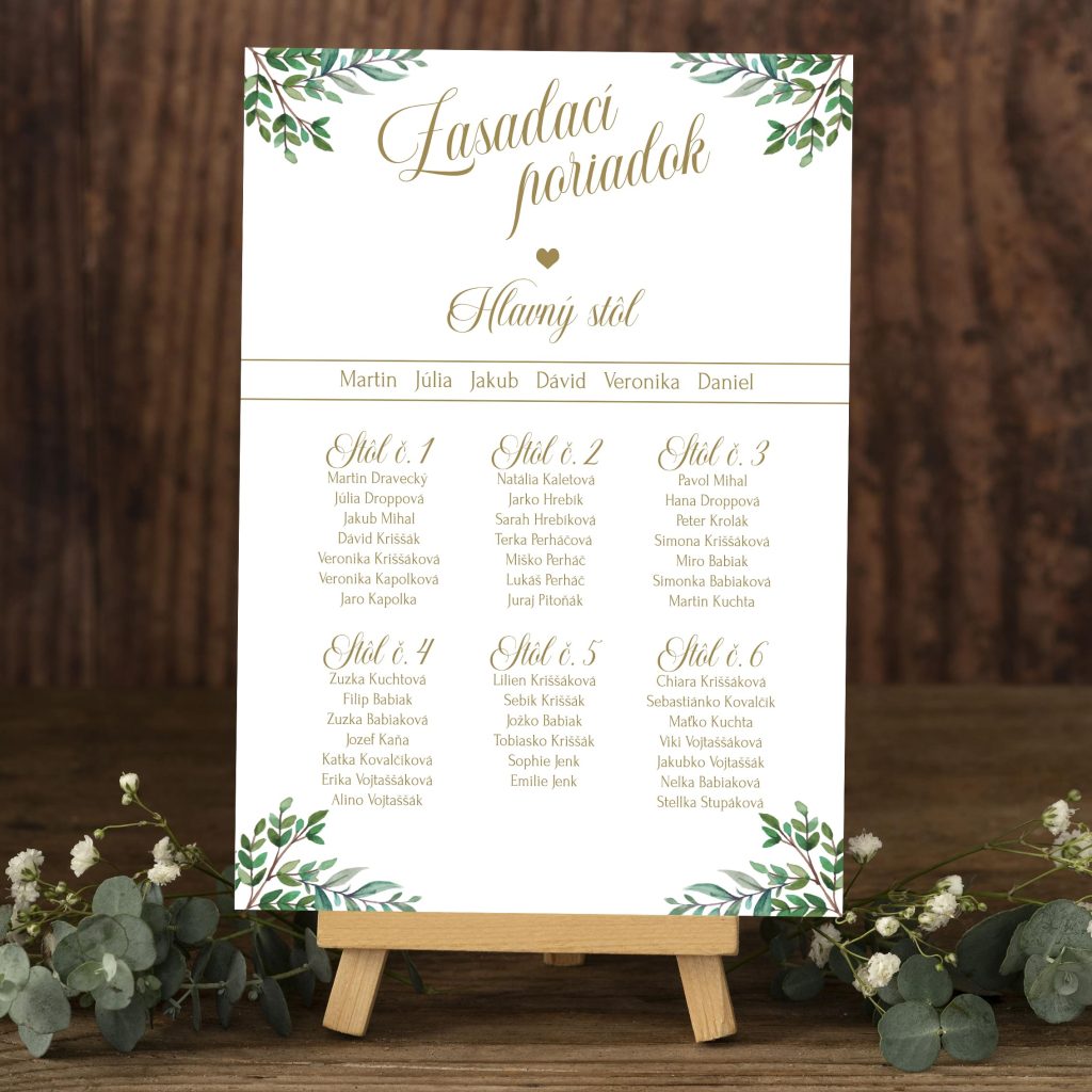 Zasadací poriadok na svadbu Greenery