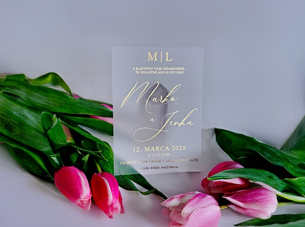 Luxusné svadobné oznámenie transparentné Gold Glow