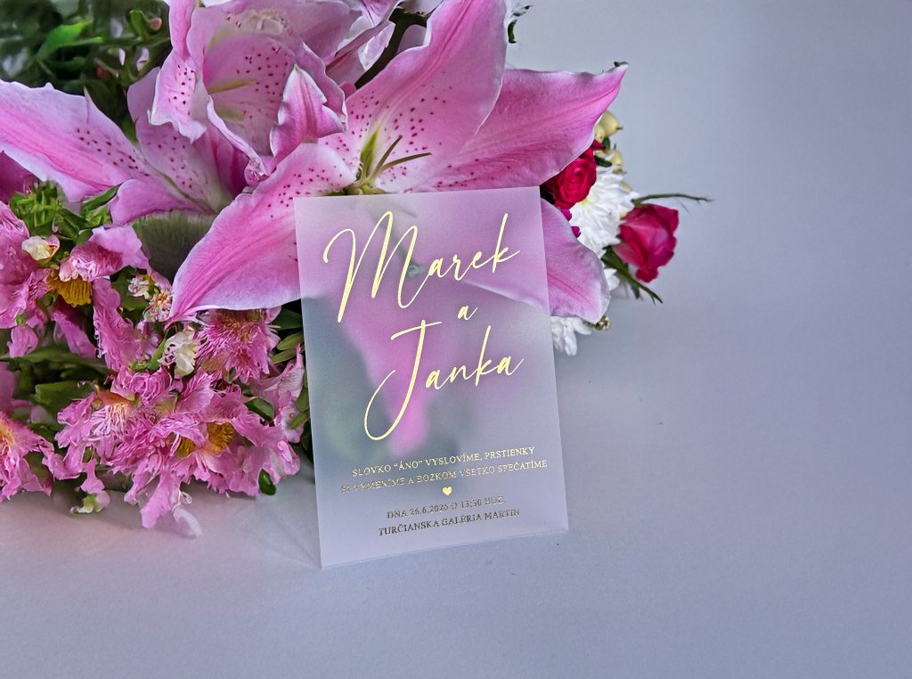 Luxusné transparentné svadobné oznámenie Gold Mist