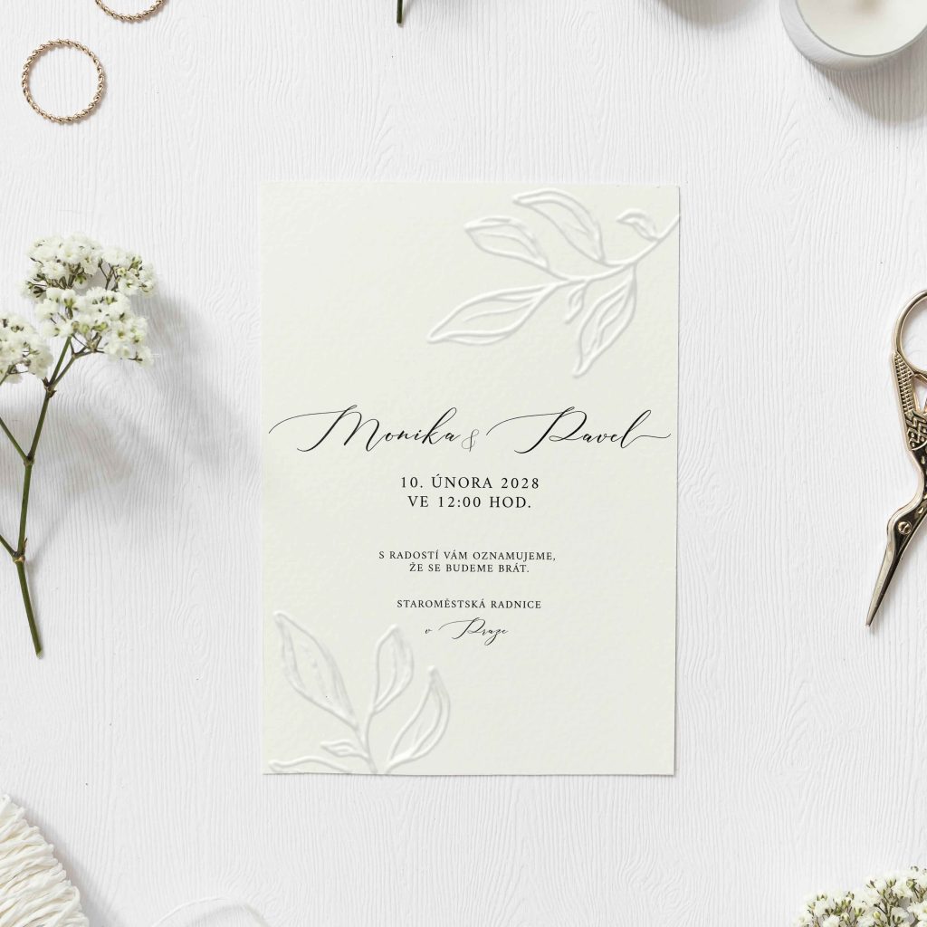 Luxusné svadobné oznámenie Emboss Lístky