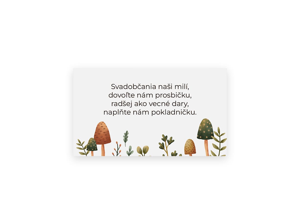 Kartička na svadobné dary s hubami 1 kartička so žiadosťou o svadobné dary